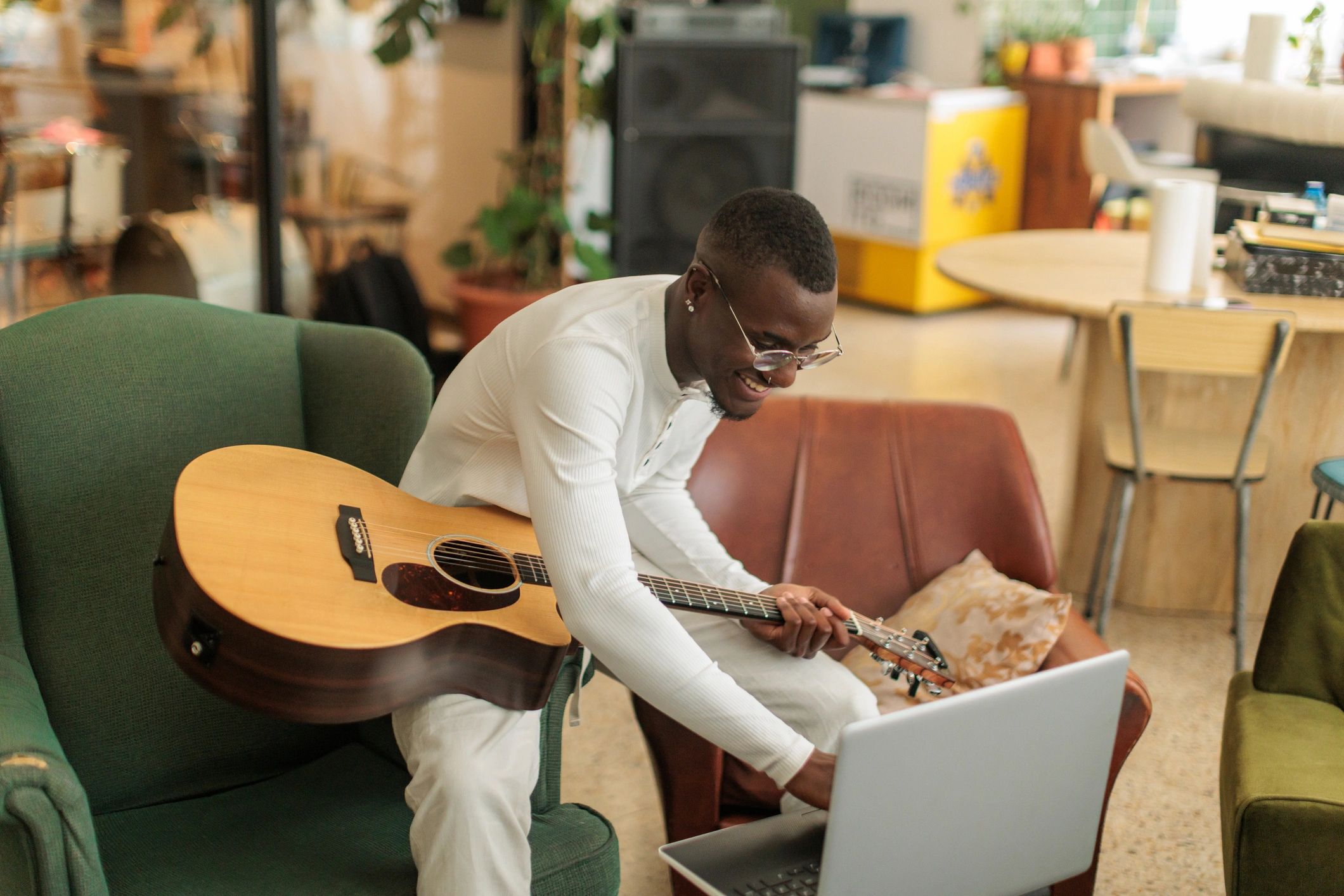 Artist preparing to record a guitar session